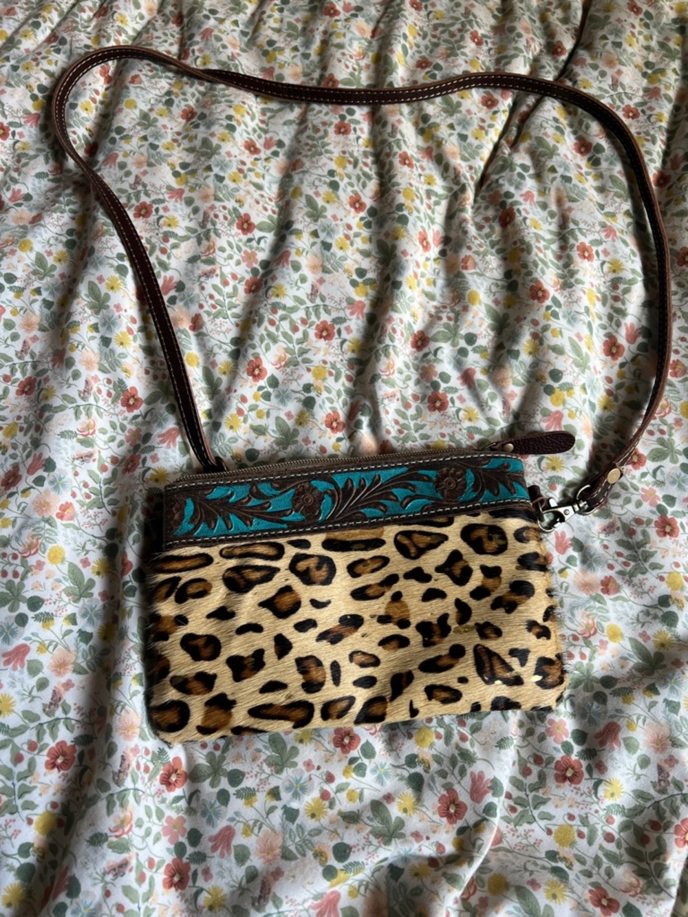 Myra Bag Leopard Haircalf Crossbody with Turquoise Tooled Trim